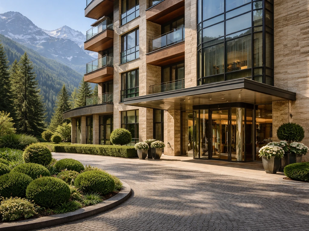 Swiss hotel entrance with elegant exterior details and calm courtyard, representing Mövenpick hospitality.
