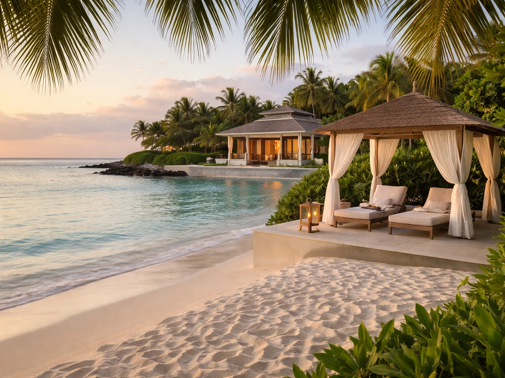 Golden-hour view of a quiet Mauritius luxury beachfront resort with cabana and turquoise ocean.