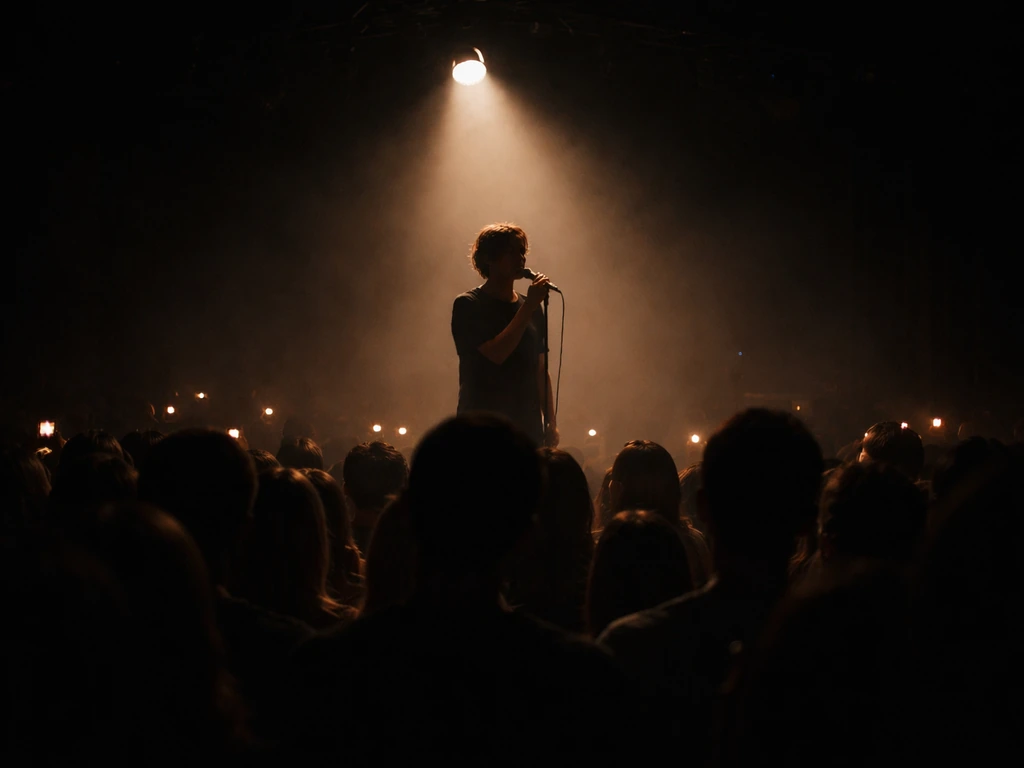 Spotlighted singer at a live concert with a microphone and softly lit crowd lights