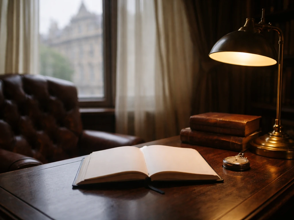 Minimal luxury study scene symbolizing uncertain royal wealth and private research