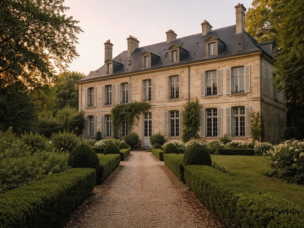Candid photo of an elegant French countryside chateau exterior with manicured gardens and no people.