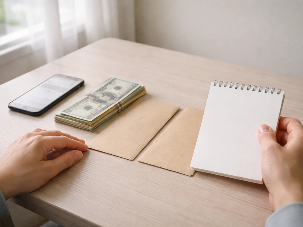 Anonymous hands sorting blank notes and envelopes beside a phone in a minimal, sunlit office desk scene.