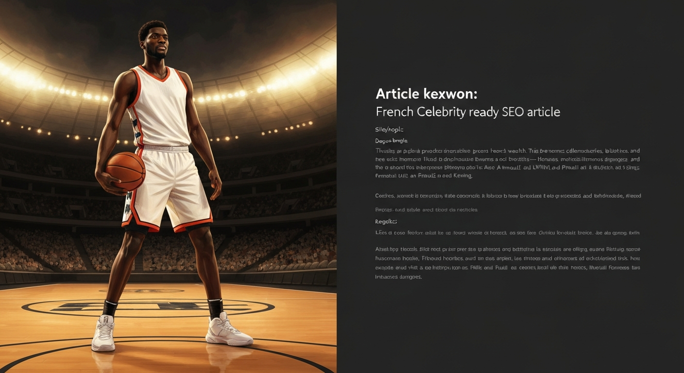 Stylized editorial portrait of a basketball center on a court holding a ball, used as the article hero image for Olivier Sarr's net worth profile.
