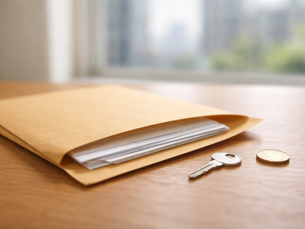 Open envelope with blank ownership documents, key, and coin on a wooden desk symbolizing equity stake.
