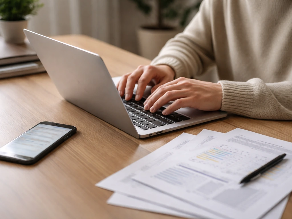 Anonymous hands researching public filings on a laptop with blurred search results and papers on a desk.