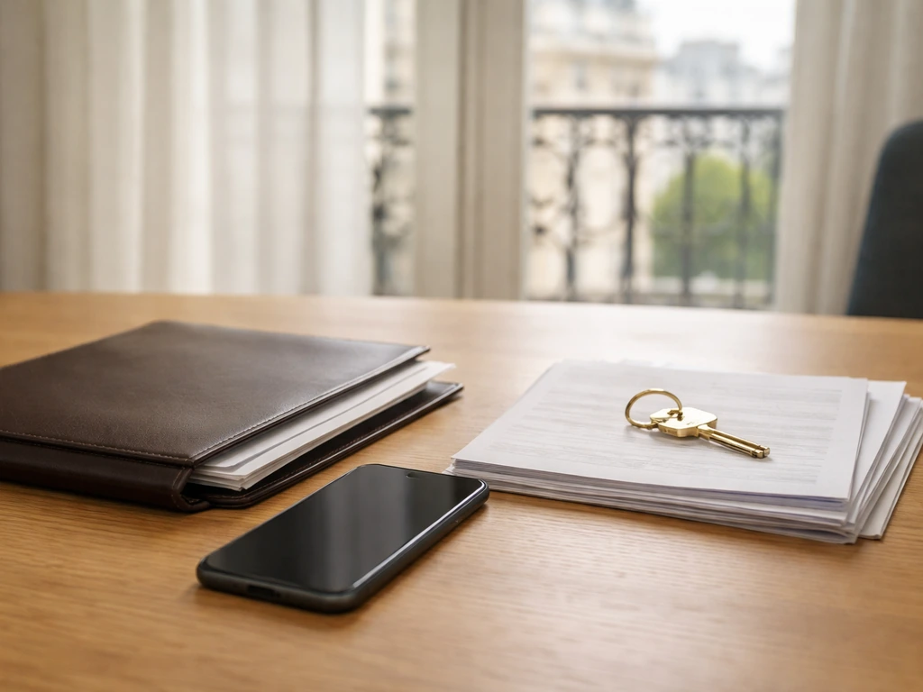 Minimal oak desk with unmarked papers and a phone, in soft Paris office light symbolizing financial verification.