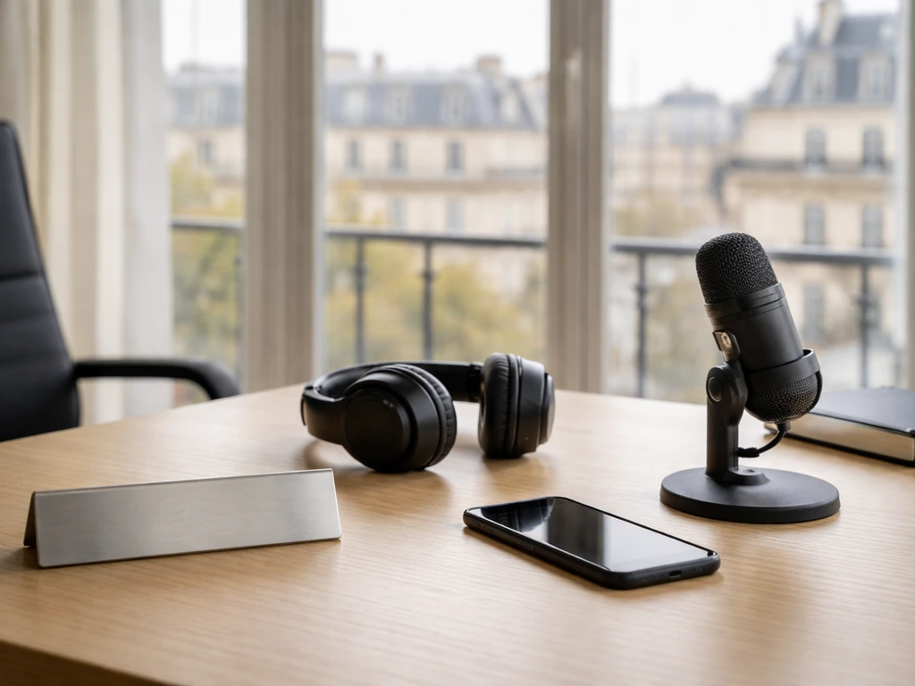 Minimal office desk with headphones and a microphone, blurred city view—symbolic business media vibe.