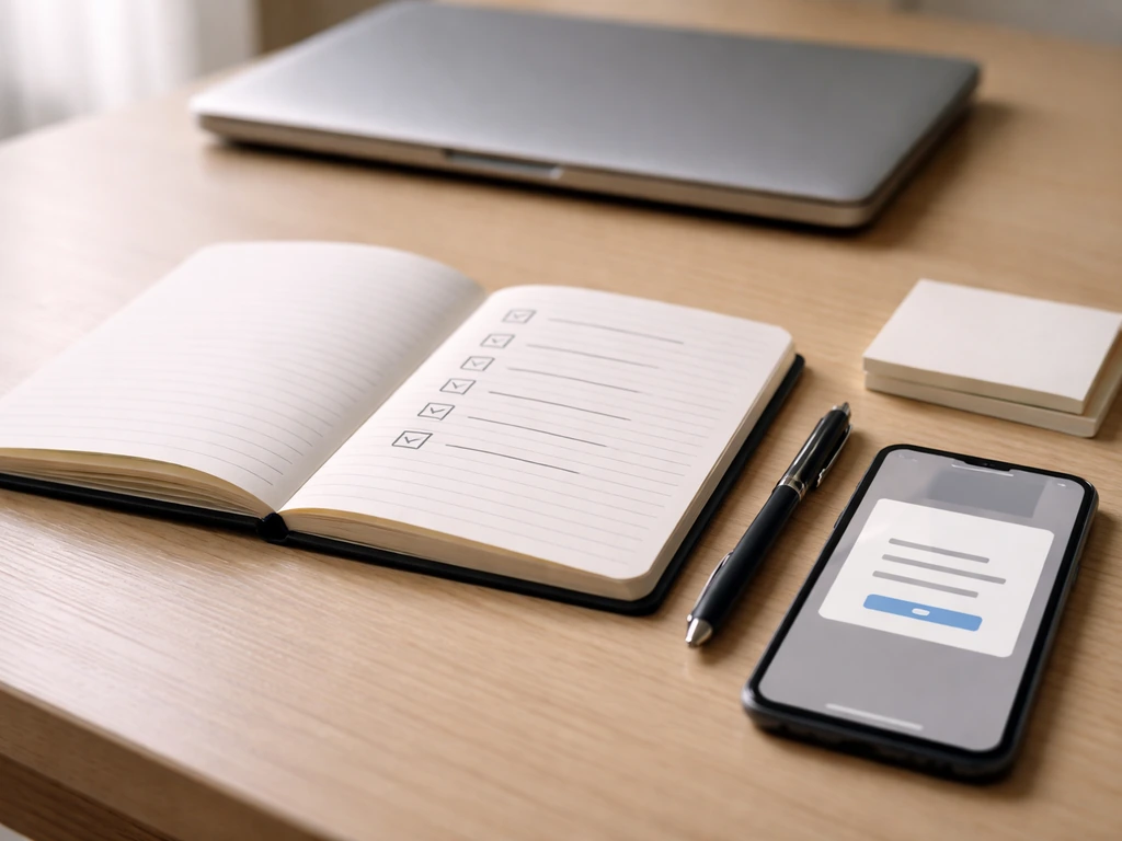 Minimal desk scene with open checklist notebook and smartphone alert view, showing due-diligence tracking.