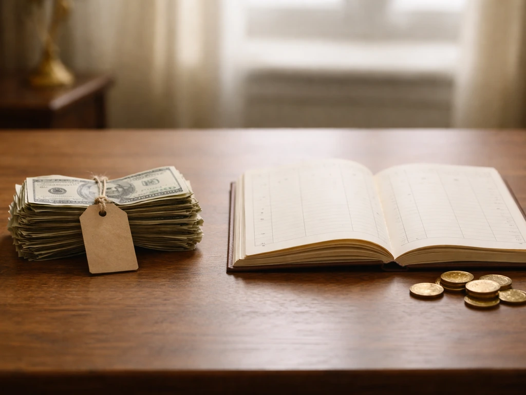 Split desk scene: one crumpled money stack with a blank tag versus an open blank ledger and coins.
