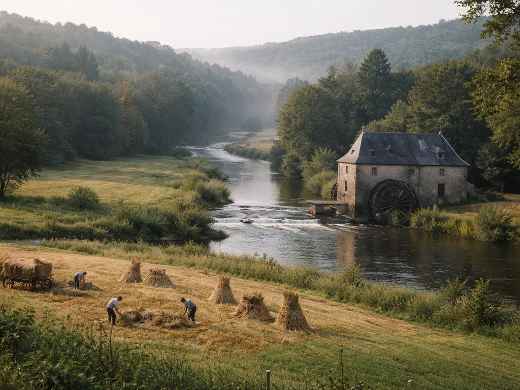 French countryside estate landscape with forests, a river and water mill, and farmers working the fields.