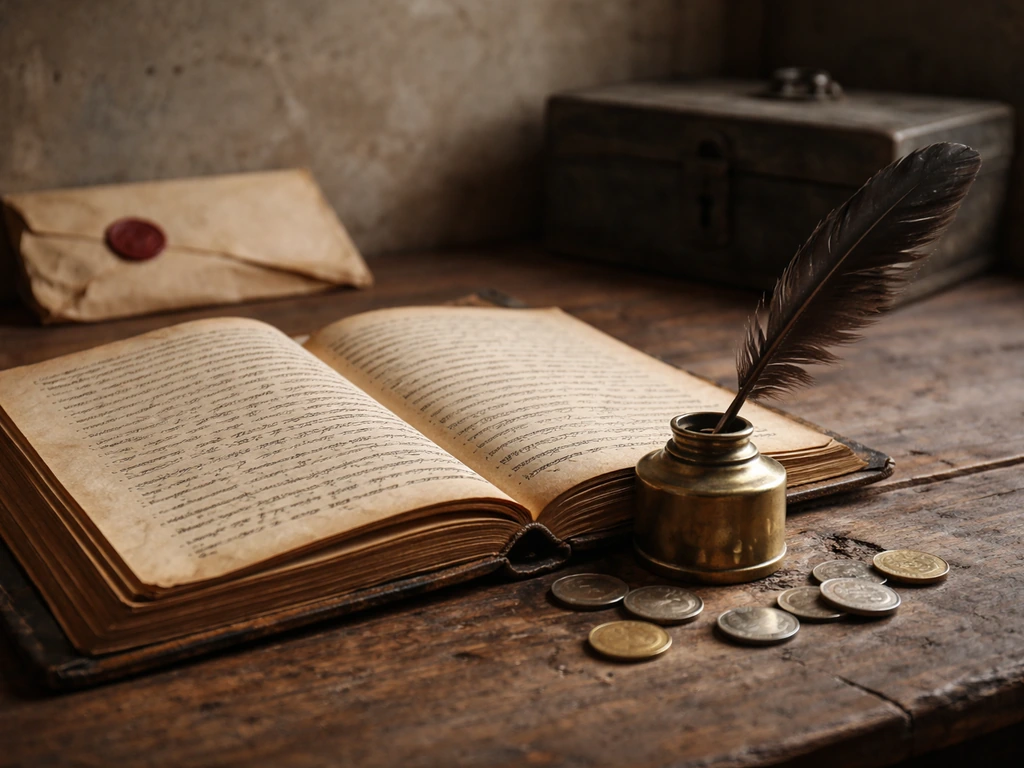Close-up of an old tax contract ledger on a wooden desk with an inkwell and quill, next to coins.