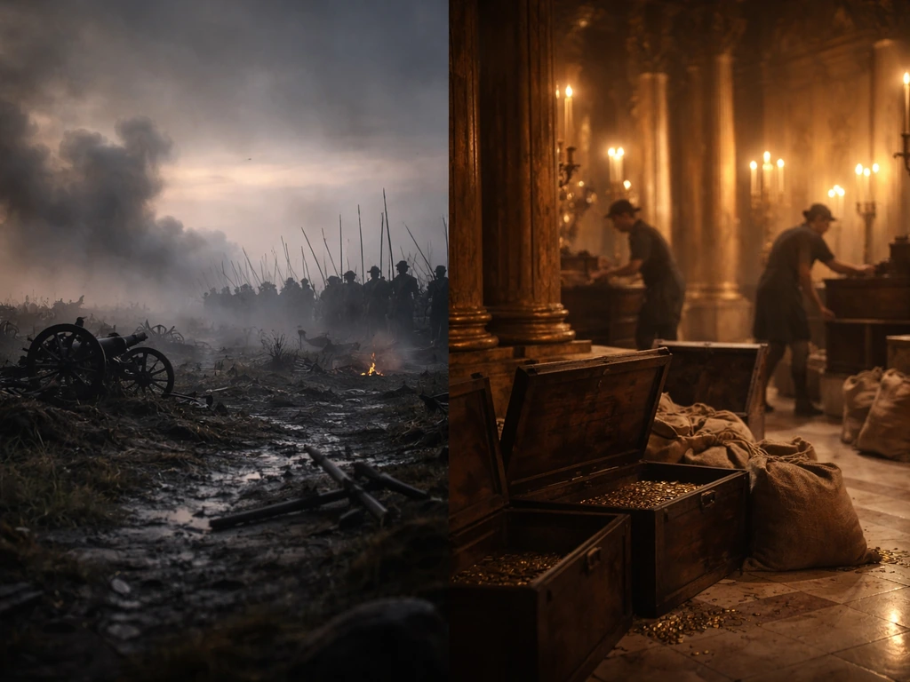 Split scene of smoky battlefield and candlelit palace with empty chests and supplies draining royal wealth