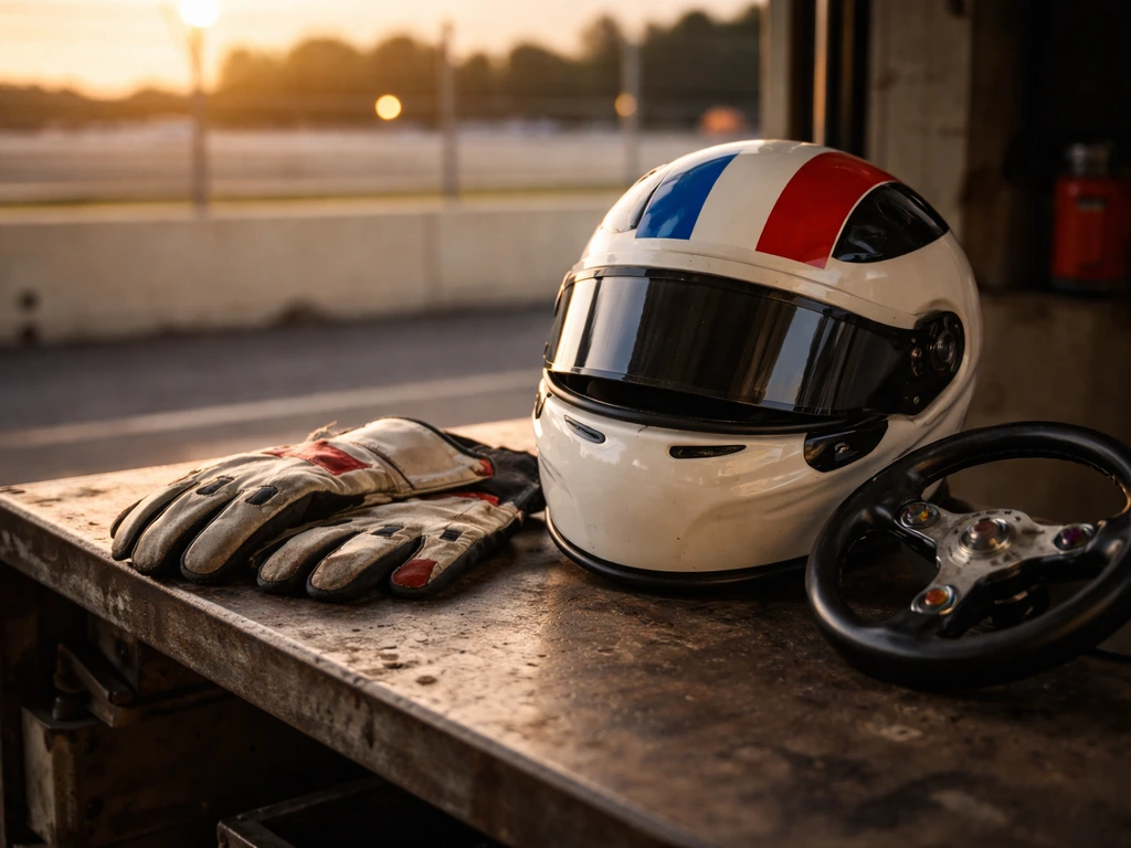 Racing helmet and gloves on a garage workbench with a blurred pit-lane background, evoking an F1 identity.