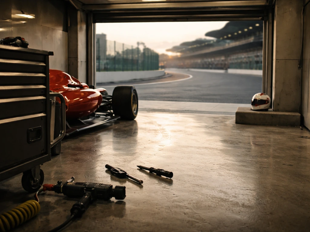 Empty F1 pit lane garage at dawn with a helmet and tools, suggesting elite career earnings atmosphere.