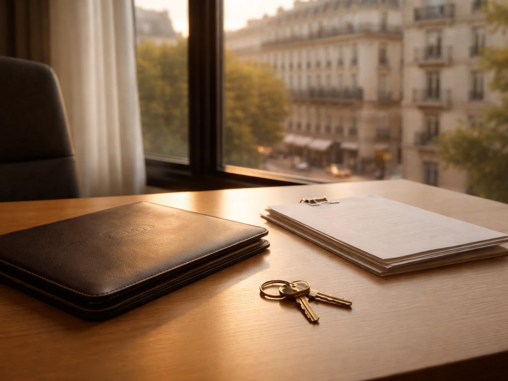 Minimal photo of an upscale French office desk with real-estate folder and keys, symbolizing corporate holdings.