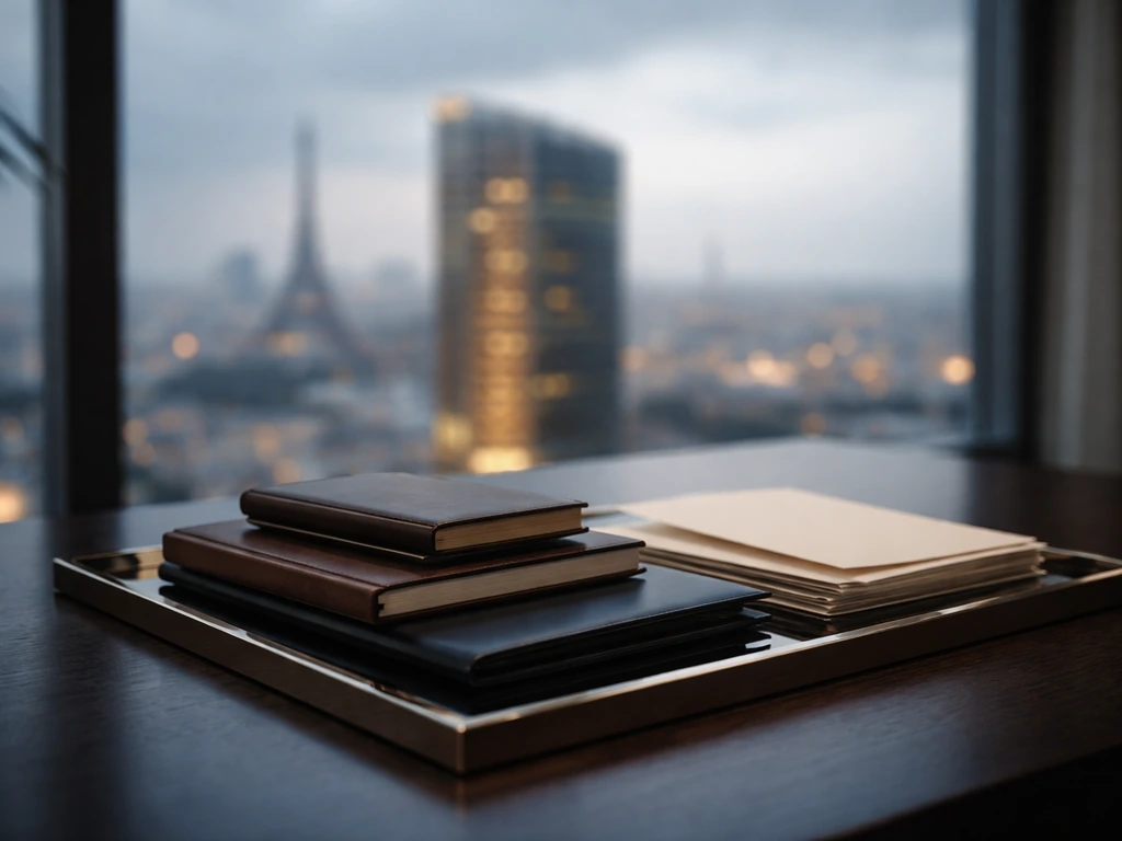 Moody finance-themed desk with luxury building skyline reflections and scattered cash-colored documents