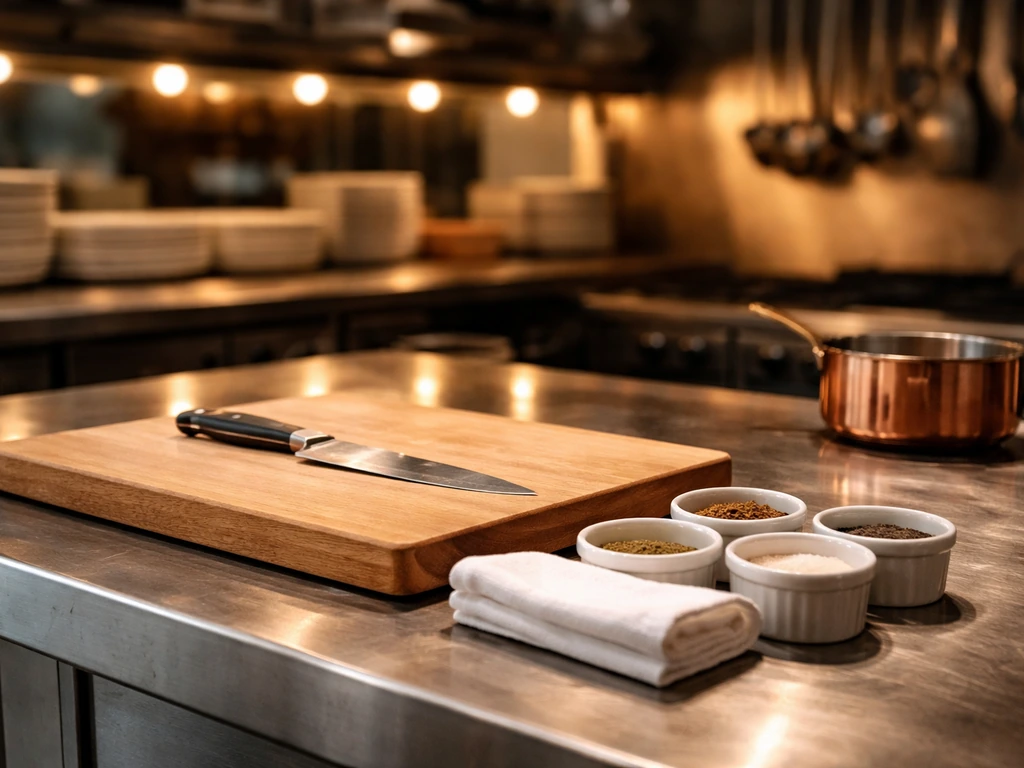 Chef in a quiet restaurant kitchen with warm lights, suggesting high-end dining and business success