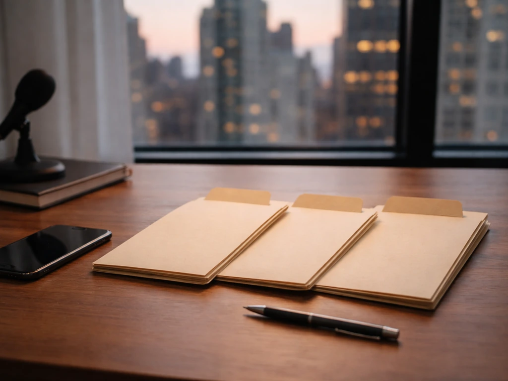 Minimal photo of a desk with three stacked folders and a smartphone showing career-phase bookmarks, no text.