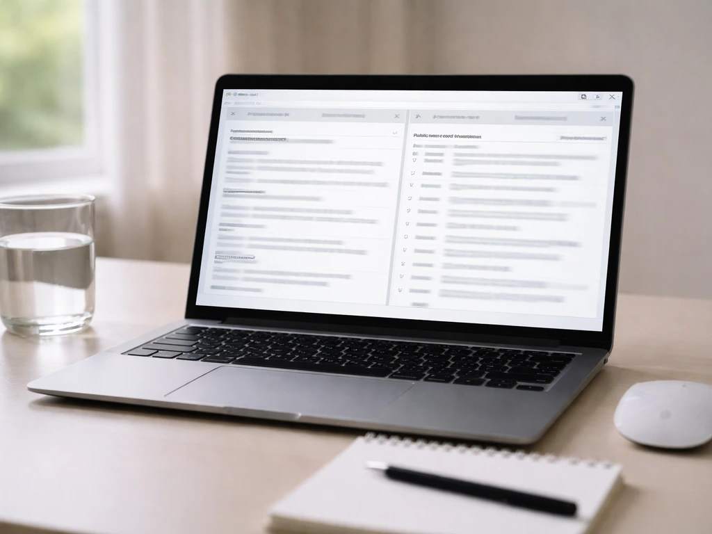 Close-up of a laptop showing blurred public-record search results for business and court verification