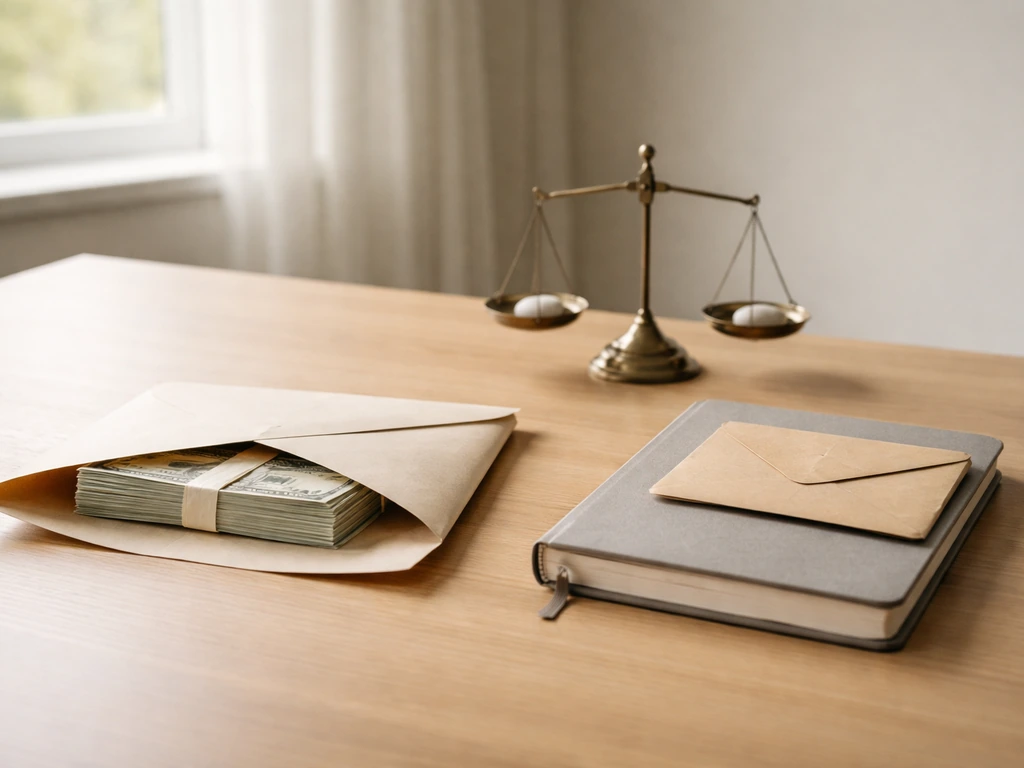 Minimal photo of a tidy desk with a cash envelope and balance-scale symbol props, representing assets minus liabilities.