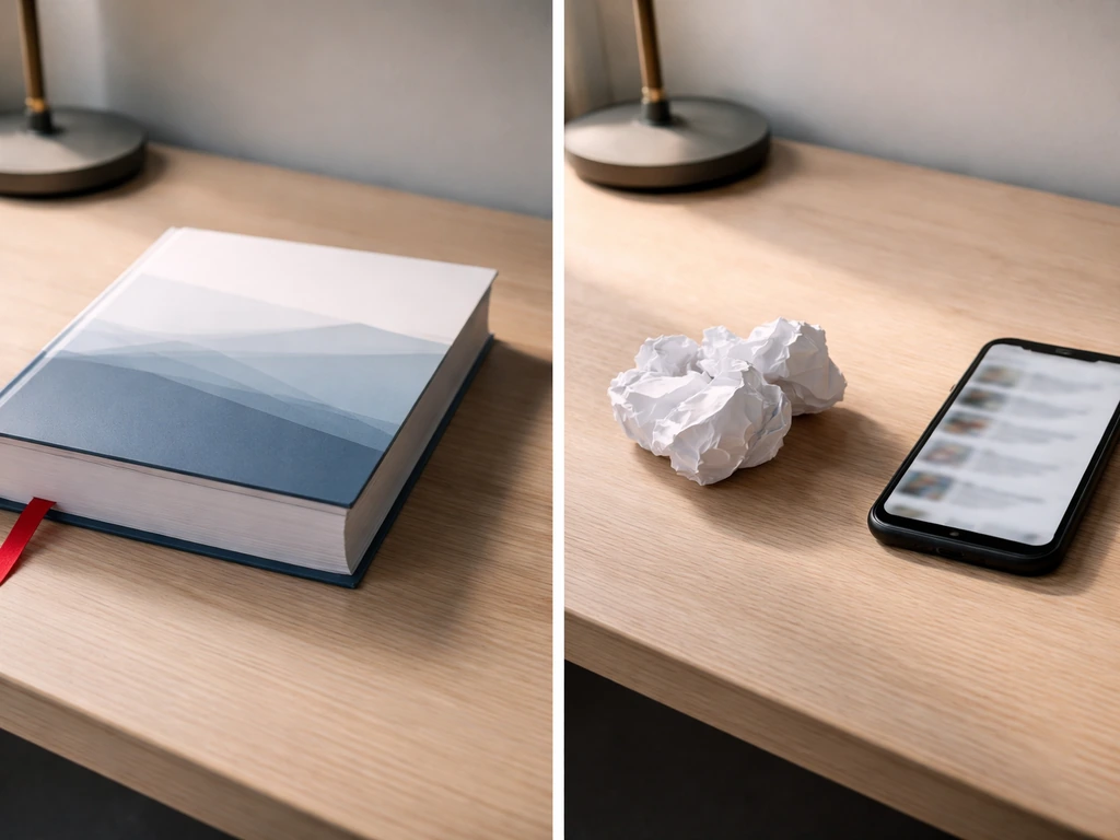 Minimal finance desk scene with two distinct source categories represented by contrasting objects, no text.