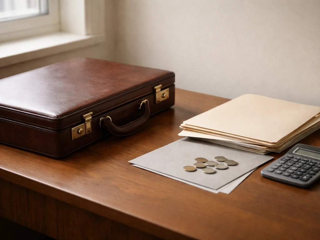 Briefcase and papers on a wooden office desk with coins, suggesting accounting for liabilities and taxes.