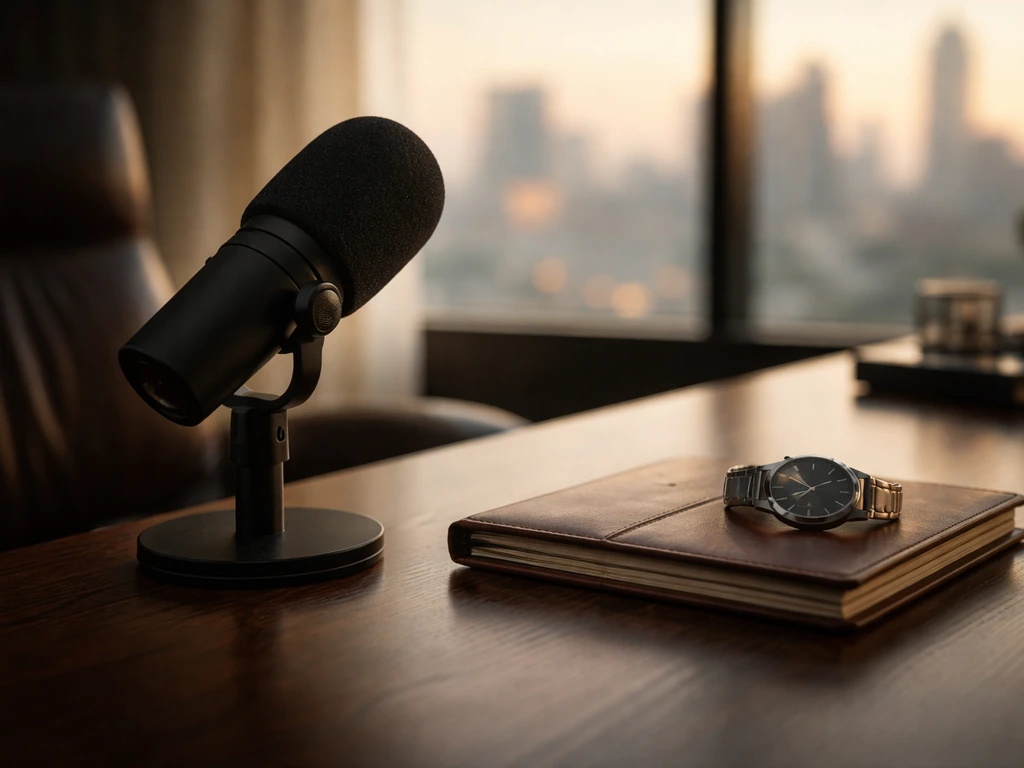 Minimal office desk with a broadcast microphone and luxury watch, suggesting leadership and wealth signals.