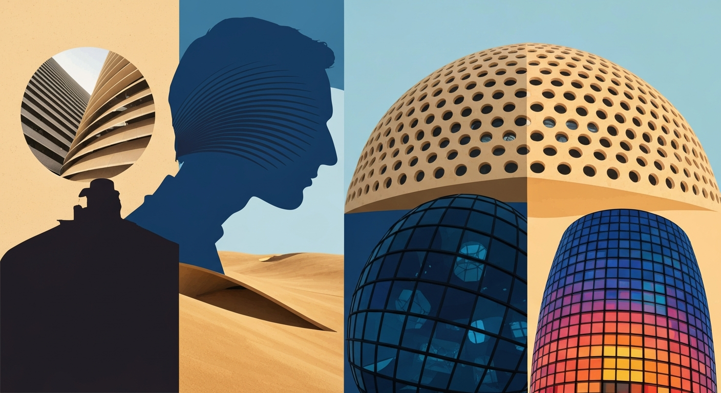 Stylized editorial collage combining a generic architect silhouette with motifs from Institut du Monde Arabe, Louvre Abu Dhabi dome, and Torre Agbar in a muted Parisian palette.