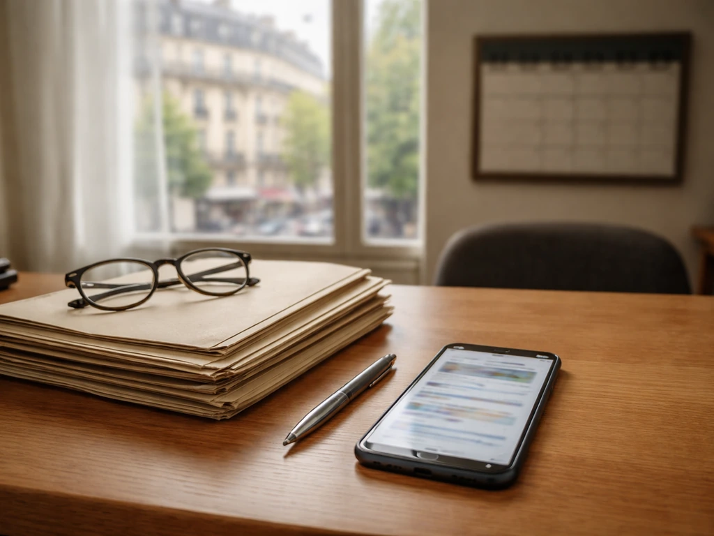 Desk with French registry documents and a smartphone with blurred asset lookup pages for verification.