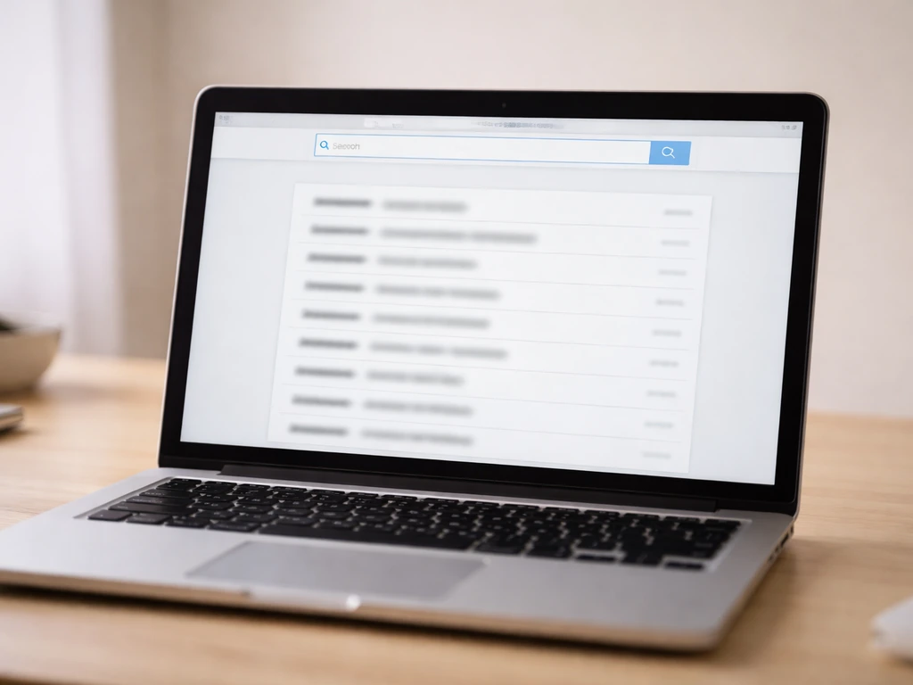 Close-up of an anonymous laptop showing a French business registry search interface with results list
