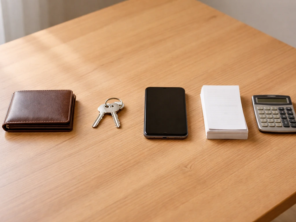 Minimal office desk scene with four small icon-like objects representing company, real estate, income, and investments.