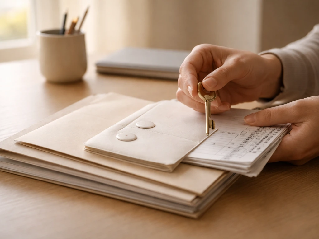 Hand holding a key over neatly arranged real-estate and finance documents on a wooden table