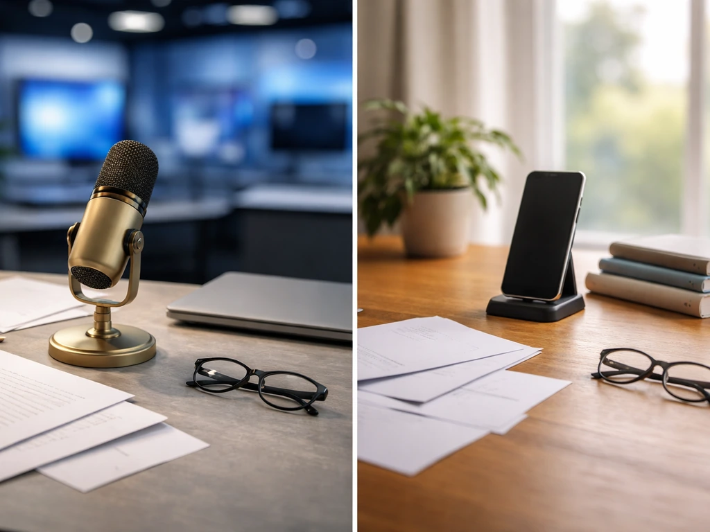 Two-panel photo showing a newsroom desk vs a home office desk to suggest confusing search references.